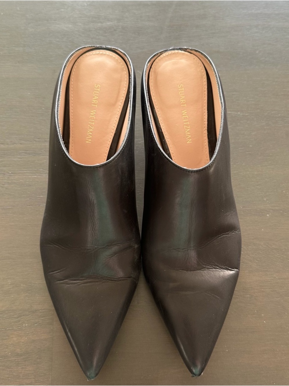 Stuart Weitzman Black Pointed-Toe Leather Mules